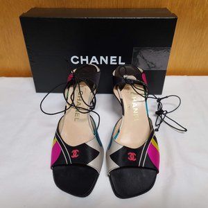 Chanel Black and Multi-color Satin Sandal/Heels